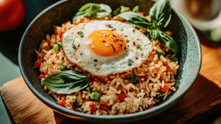 A vibrant bowl of fried rice topped with a sunny-side-up egg and fresh basil, showcasing colorful vegetables and an inviting presentation perfect for any meal.の素材