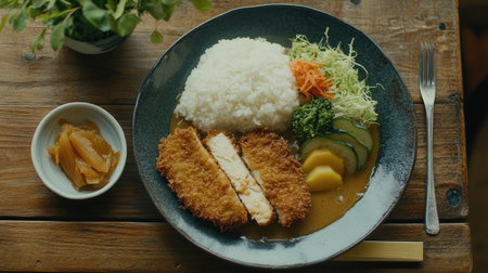 A delightful chicken katsu curry served with fluffy rice and fresh vegetables, perfect for a satisfying meal. Ideal for showcasing comfort food.の素材