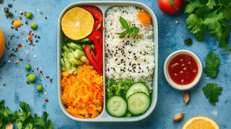 A vibrant bento box featuring a healthy meal with rice, fresh vegetables, and a citrus garnish. Perfect for a nutritious lunch or snack!の素材