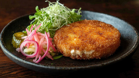 A crispy fried dish served on a black plate with fresh greens and pickles, showcasing a delicious blend of textures and flavors ideal for any meal.の素材