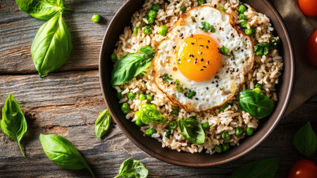 A vibrant rice bowl featuring a fried egg, fresh peas, and basil, captured in a rustic setting. Perfect for healthy meals and creative presentations.の素材