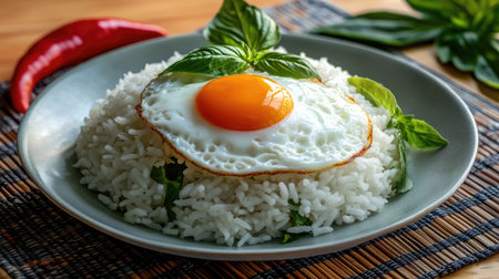 A vibrant plate featuring a fried egg on a bed of rice adorned with fresh basil, perfect for showcasing culinary creativity and delicious meals.の素材