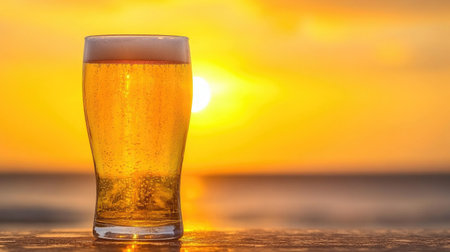 A refreshing glass of beer stands against a stunning sunset by the beach, capturing the essence of summer relaxation and outdoor enjoyment. Perfect for conveying leisure and warm vibes.の素材