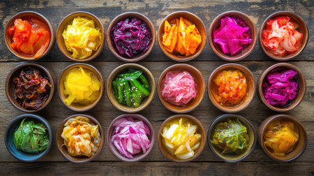 A vibrant display of assorted pickled vegetables in bowls showcases a variety of colors and textures, perfect for enhancing any meal or snack.の素材