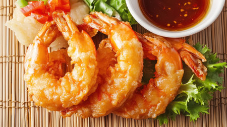 A vibrant plate featuring crispy shrimp served with a dipping sauce and fresh greens. Ideal for food lovers and culinary enthusiasts seeking a flavorful seafood experience.の素材