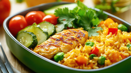 A vibrant plate featuring grilled chicken, colorful rice, and fresh vegetables. Perfect for a healthy meal, this dish showcases culinary artistry.の素材