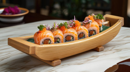 A beautifully arranged sushi platter featuring fresh salmon rolls served on a decorative wooden boat, showcasing culinary artistry and vibrant colors.の素材