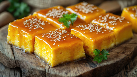 A mouthwatering caramel dessert beautifully sliced and garnished with sesame seeds on a rustic wooden board, perfect for any occasion.の素材