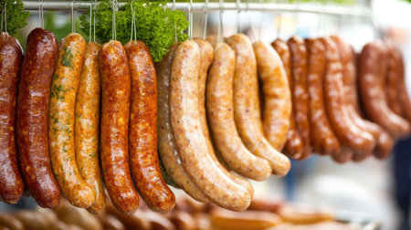 A vibrant display of freshly made sausages hanging at a market stall, showcasing a variety of flavors and types that delight food lovers.の素材
