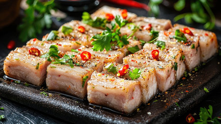 Savor the enticing flavors of this beautifully presented meat dish adorned with fresh herbs and spices, perfect for gourmet cooking enthusiasts.の素材