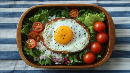 A vibrant bento box featuring a sunny-side-up egg on a bed of fresh greens, tomatoes, and rice, perfect for a healthy, delicious meal.の素材
