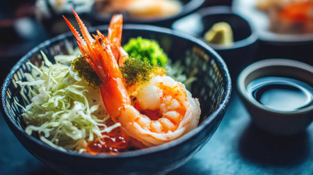 A beautifully arranged bowl featuring fresh shrimp, crisp vegetables, and flavorful sauces. Perfect for showcasing Asian culinary delights.の素材