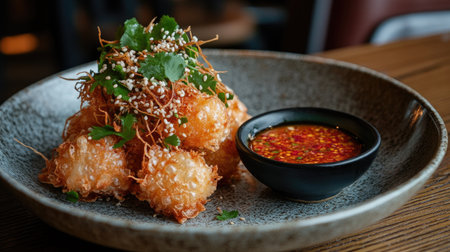 A beautifully arranged plate of crispy fried snacks garnished with herbs, complemented by a flavorful dipping sauce, perfect for sharing in a restaurant setting.の素材