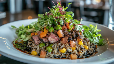 A vibrant rice bowl featuring tender steak, fresh vegetables, and a bed of healthy greens, perfect for a gourmet meal or lunch option.の素材