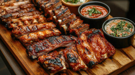 A mouthwatering selection of barbecued ribs served on a wooden platter, accompanied by flavorful sauces and garnishes, perfect for any gathering.の素材