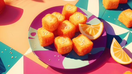 A vibrant plate of sweet orange dessert cubes garnished with sesame seeds, complemented by fresh citrus slices, ideal for summer gatherings.の素材