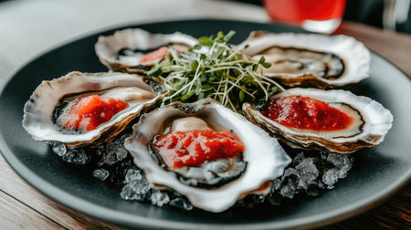 A beautiful display of fresh oysters served on ice with a flavorful sauce. Perfect for gourmet dining, seafood lovers, and elegant appetizers.の素材