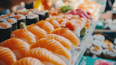 A beautifully arranged display of assorted sushi, featuring vibrant salmon and various rolls, perfect for showcasing Japanese cuisine in dining settings.の素材