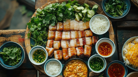 A vibrant and appetizing platter featuring fresh herbs, sliced cucumbers, and savory dishes. Perfect for showcasing delicious meals and flavors.の素材
