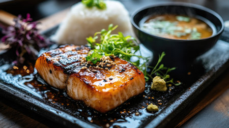 A beautifully plated grilled salmon dish served with fluffy rice, vibrant herbs, and a savory soup, perfect for food lovers and culinary enthusiasts.の素材