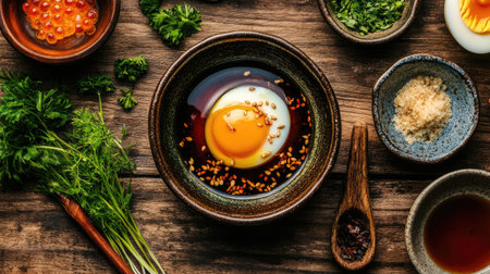 A beautifully arranged bowl featuring a fresh egg yolk surrounded by herbs and seasonings, perfect for capturing the essence of culinary preparation.の素材