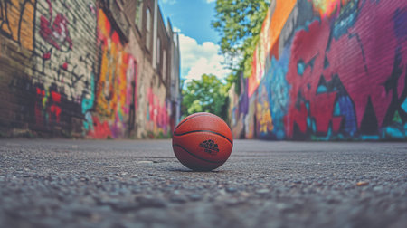 A vibrant basketball rests in an urban alley lined with colorful street art. The scene captures the essence of play and creativity in a city environment.の素材