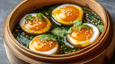 Delight in these steamed eggs garnished with cilantro and sesame. A vibrant dish showcasing flavors and textures, perfect for a healthy meal or appetizer.の素材