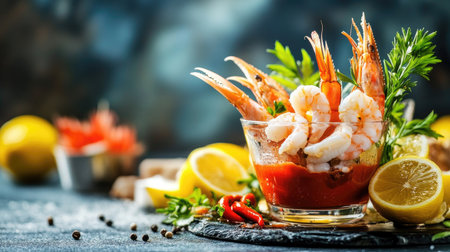 A vibrant shrimp cocktail showcased in a glass garnished with lemon slices and fresh herbs, perfect for a refreshing appetizer or dish.の素材