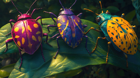 Stunning close-up of three vividly colored beetles on a green leaf, showcasing their beautiful patterns in a lush natural environment. Perfect for nature lovers.の素材