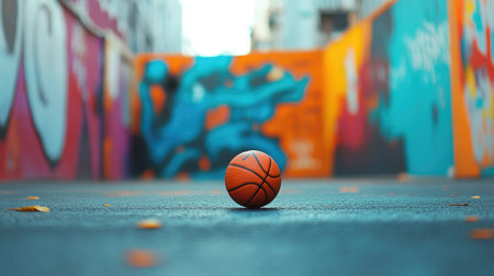 A vibrant basketball rests on the urban street, surrounded by colorful graffiti art. This scene captures the spirit of youth, play, and creativity in an urban environment.の素材