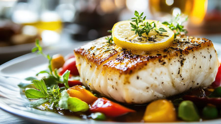 A beautifully plated grilled fish topped with lemon and fresh herbs, served with colorful vegetables. Perfect for healthy meals and gourmet dining.の素材