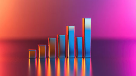 A vibrant 3D bar graph against a gradient background, illustrating data growth and performance trends, ideal for business and marketing presentations.の素材