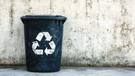 A recycling bin stands against a textured wall, symbolizing waste management and eco-friendly practices. Ideal for themes of sustainability and cleanliness.の素材