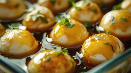 A close-up view of savory dumplings nestled in rich soy sauce, garnished with fresh herbs. Perfect for Asian cuisine lovers and food photography.の素材