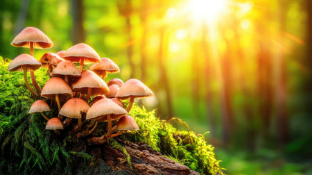 A serene arrangement of mushrooms basking in golden sunlight within a lush forest. Ideal for nature lovers and those appreciating outdoor beauty.の素材