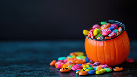 A vibrant pumpkin bowl filled with colorful candy scattered around, perfect for Halloween festivities. Ideal for seasonal decorations and celebrations.の素材