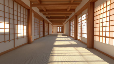 A serene interior corridor with wooden accents and natural light filtering through sliding doors, creating a peaceful and minimalist atmosphere perfect for relaxation.の素材