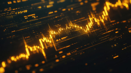 Vibrant golden digital waveform with abstract lines and data patterns. Ideal for finance or technology themes, conveying movement and innovation.の素材