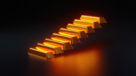 Stunning image of glowing gold bars arranged on a sleek black background. The metallic shine and warm light create an atmosphere of luxury and wealth.の素材