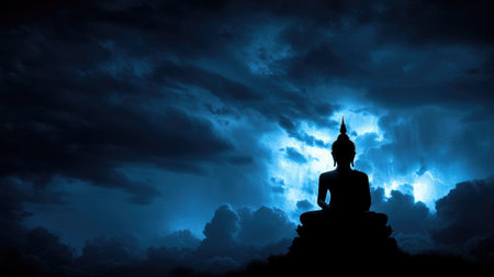This image features a serene Buddha silhouette set against a backdrop of dark, cloudy skies, evoking a sense of calm and tranquility amidst a dramatic atmosphere.の素材