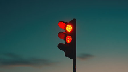 A striking image of a red traffic light silhouetted against a twilight sky, highlighting urban safety and the beauty of evening light.の素材