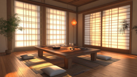 A serene Japanese tea room featuring a wooden table, cushions on the floor, and warm light filtering through shoji screens. Ideal for relaxation and tranquility.の素材