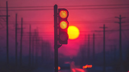 A vivid sunset backdrop enhances a solitary traffic light, casting an atmospheric glow over the urban landscape. Perfect for themes of travel and transition.の素材