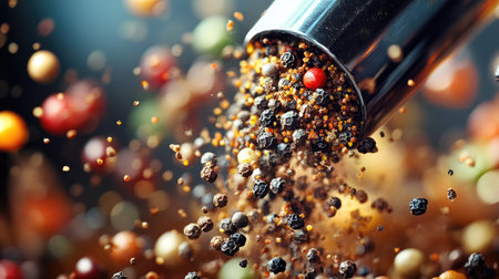 A dynamic closeup of assorted colorful spices falling from a metal grinder, showcasing the vibrant textures and culinary potential for cooking and seasoning.の素材