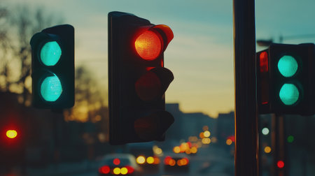 A vibrant image of traffic lights at sunset in a city, showcasing the contrasts of red and green as cars and pedestrians navigate the urban landscape.の素材