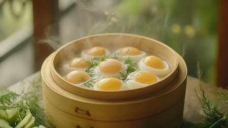 A beautiful presentation of steaming eggs in a bamboo steamer, garnished with fresh herbs. Perfect for a healthy breakfast or brunch option.の素材