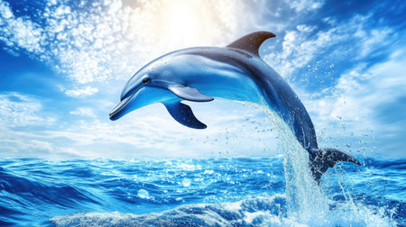 A stunning dolphin leaps gracefully from the vibrant ocean, capturing the essence of freedom and adventure in a sunny seascape filled with sparkling waves.の素材