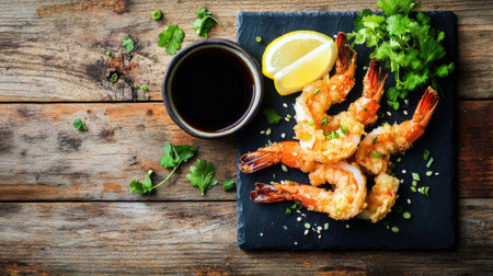 Enjoy a plate of crispy shrimp garnished with herbs and lemon, served with soy sauce. Perfect for a flavorful meal or elegant appetizer.の素材