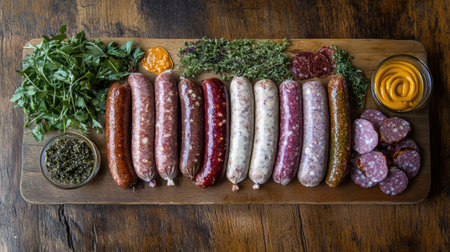 A vibrant display of assorted sausages arranged on a rustic wooden board, complemented by fresh herbs, perfect for gourmet meals or casual gatherings.の素材