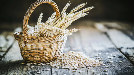 A stunning close-up of a rustic basket filled with wheat, showcasing the beauty of nature's bounty on a wooden table. Perfect for agriculture-themed projects.の素材